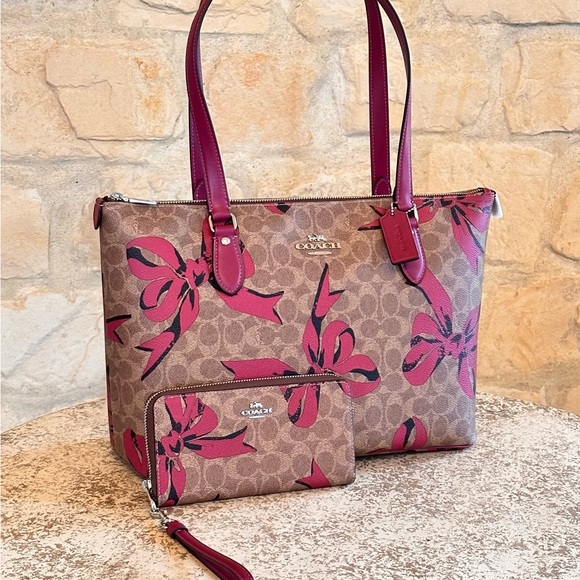 Coach Bow Gallery Signature Tote Handbag Wallet Set Brown Pink NWT - Picture 3 of 17